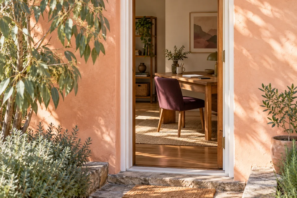 An open peach-coloured side doorway into a small sunlit workspace