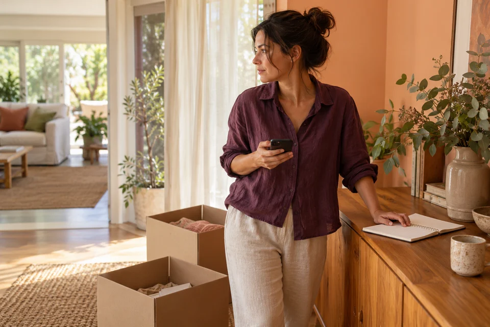 A woman with a phone and notebook prepares for a house move