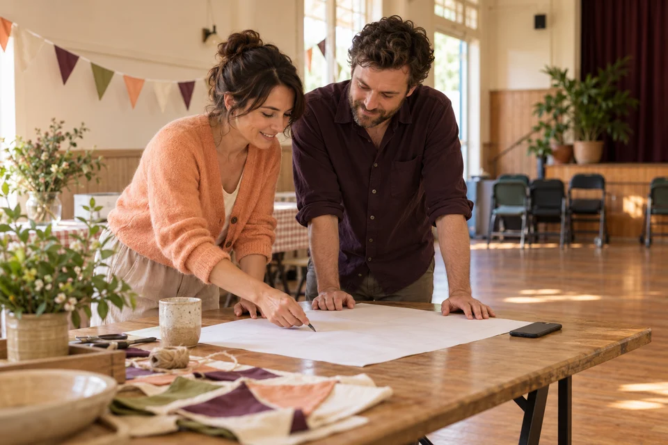 Two organisers prepare a neighbourhood event around a paper plan