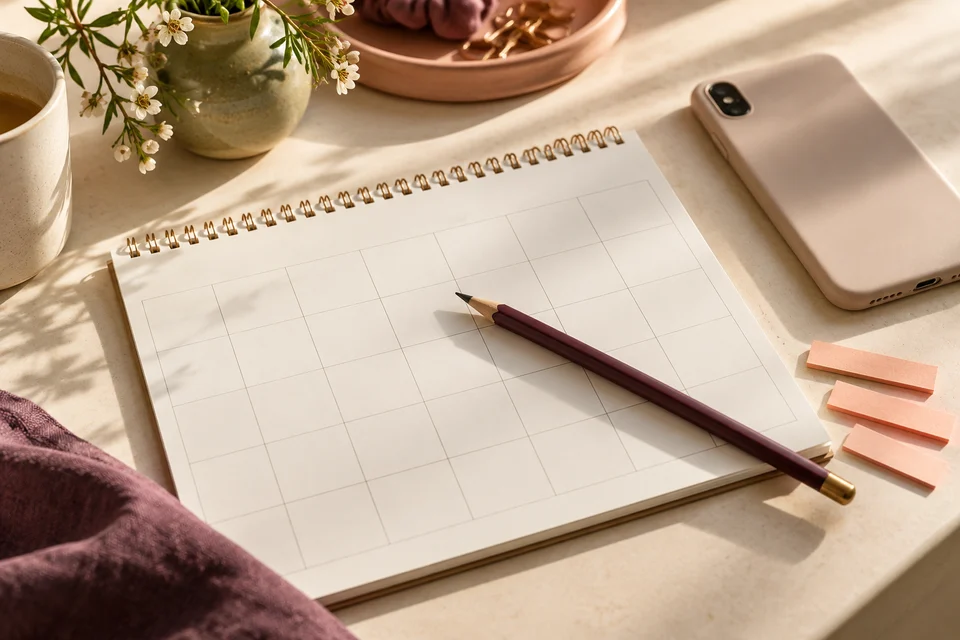 A blank desk calendar, pencil and face-down phone in morning light