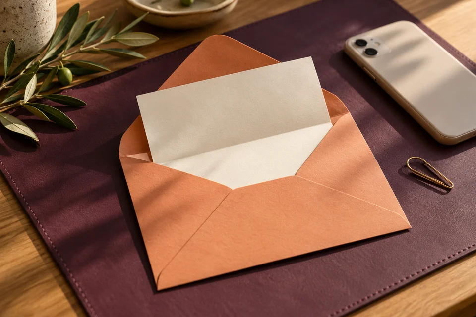 A folded cream letter in an apricot envelope beside a phone