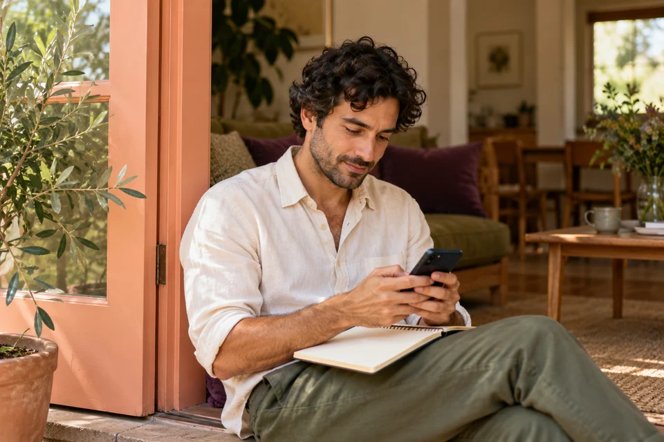 A project contact checks a phone beside a sunlit doorway