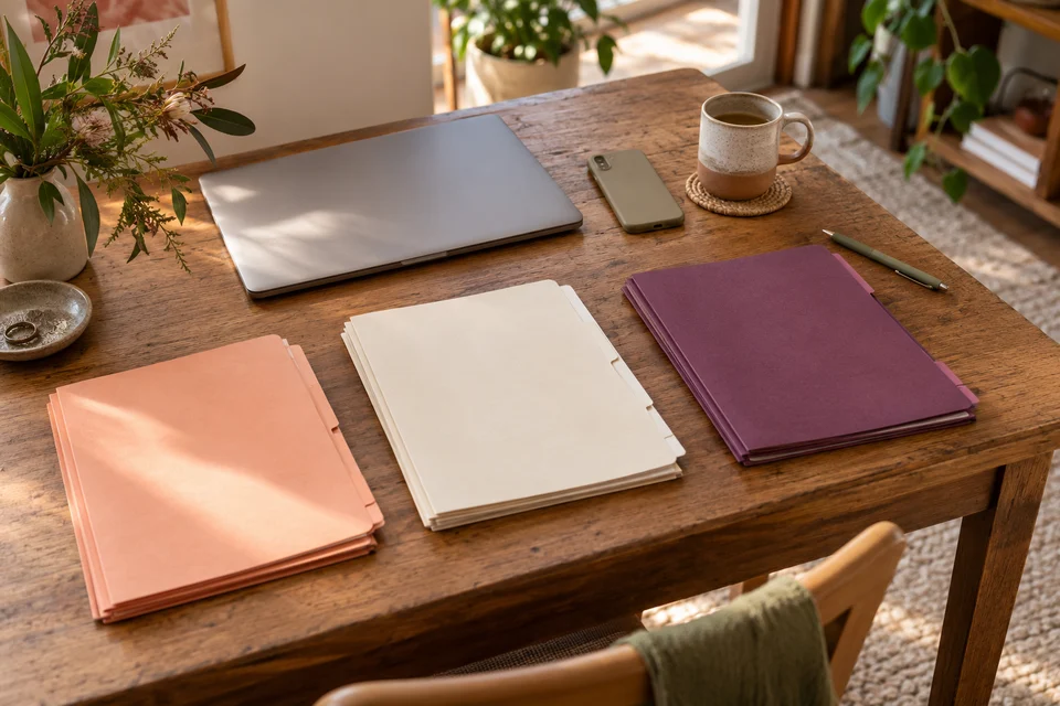Separate peach, cream and plum project folders on a home desk