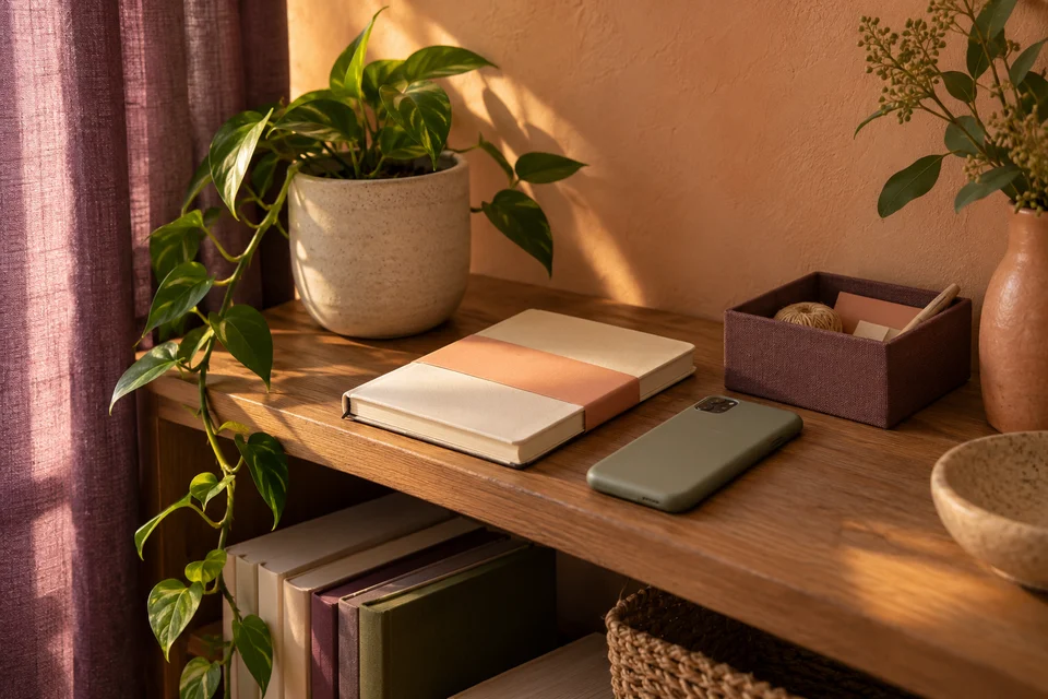 A closed project notebook and phone beside a small storage box