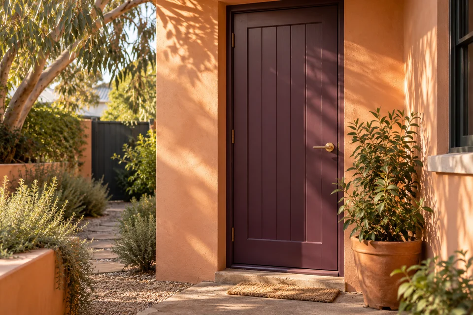 A closed plum side door in an apricot wall with soft afternoon shadows